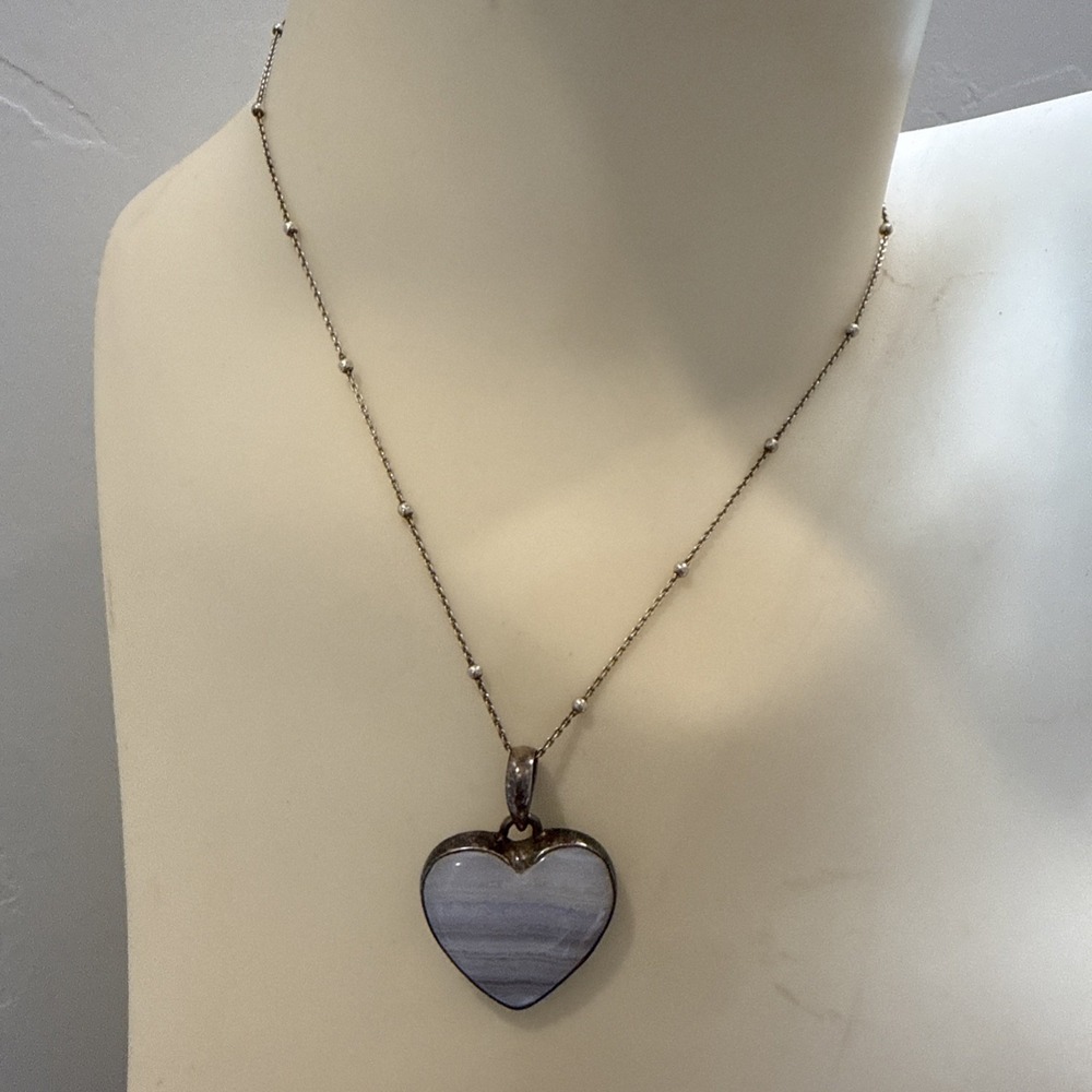 Vintage 925 Sterling Silver Italy Blue Lace Agate Heart Pendant Necklace Chain